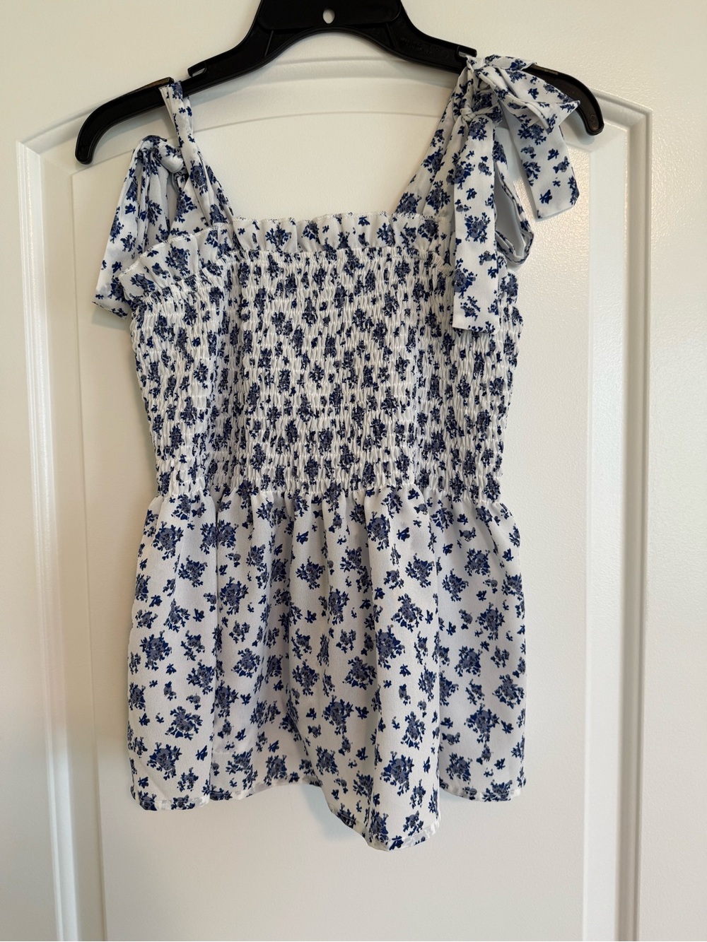 White & Navy Floral Tie-Shoulder Smocked Top